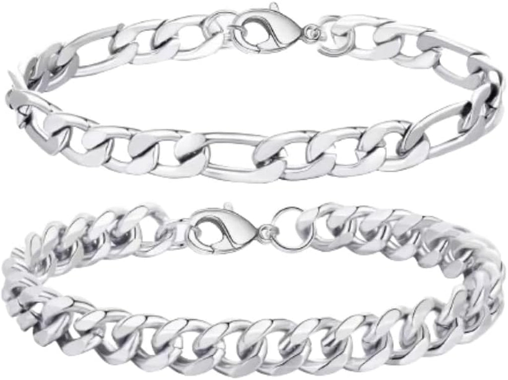 2 Pcs Chain Bracelet 925 Sterling Silver Bracelet for Men 7-9Inch Figaro Rope Cuban Link Bracelet Set for Men Husband