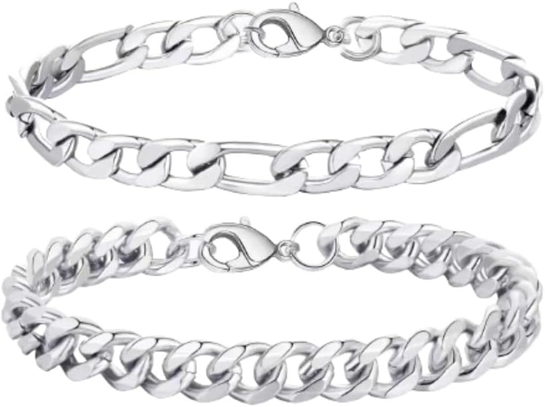 2 Pcs Chain Bracelet 925 Sterling Silver Bracelet for Men 7-9Inch Figaro Rope Cuban Link Bracelet Set for Men Husband