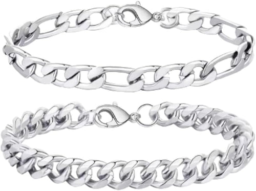2 Pcs Chain Bracelet 925 Sterling Silver Bracelet for Men 7-9Inch Figaro Rope Cuban Link Bracelet Set for Men Husband