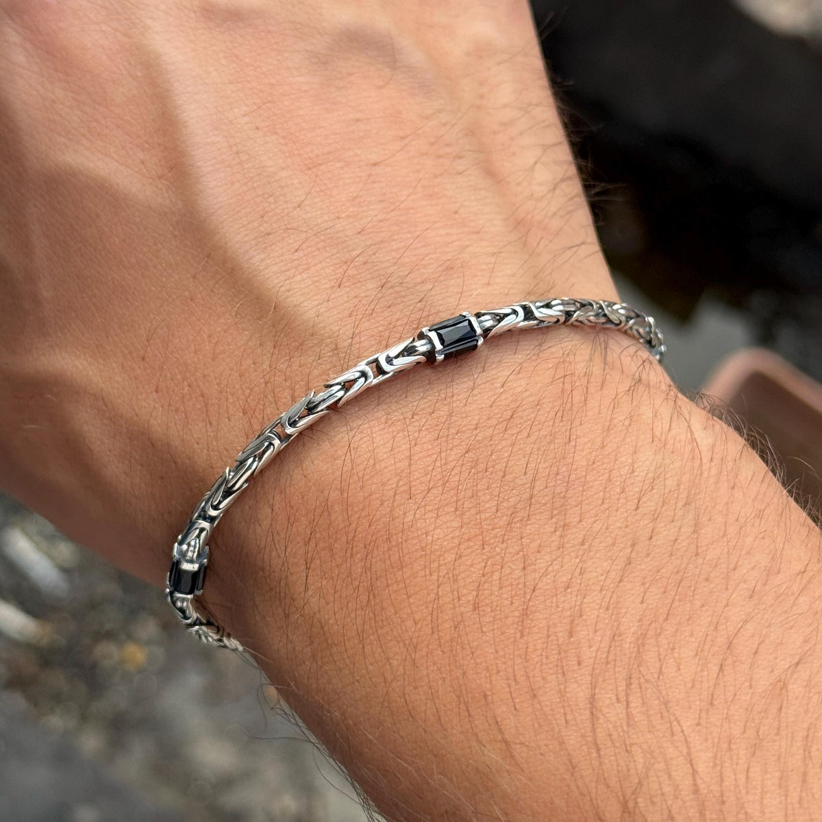 925 Silver Black Onyx King Chain Bracelet, Byzantine 5MM Byzantine Chain Bracelet, Bali Chain Bracelet, Men Solid Sterling Silver Chain